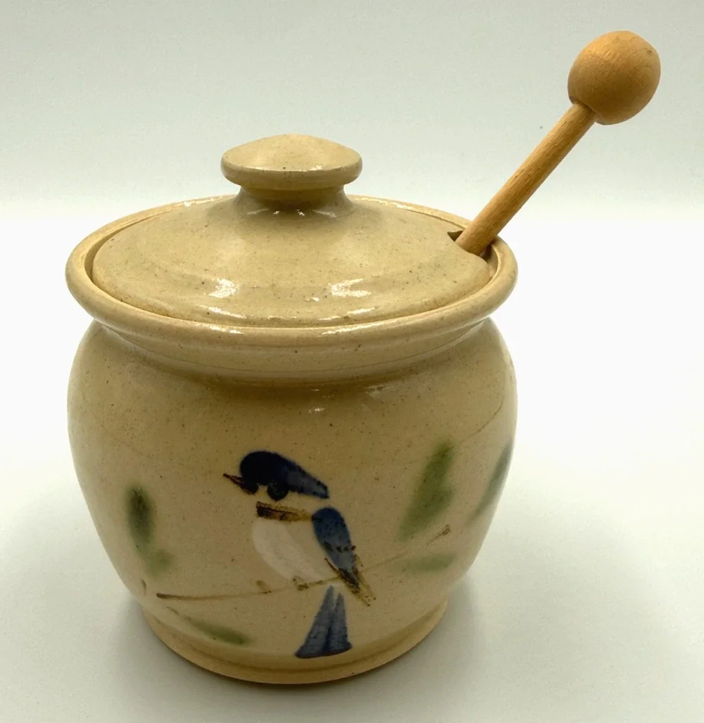 Vintage Gus Sherman Ohio Bluebird Art Pottery Honey Jar Pot Dipper Farmhouse